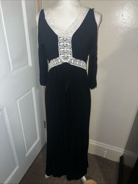 Black Maxi Dress with Ivory Crochet Trim - Women's Maxi